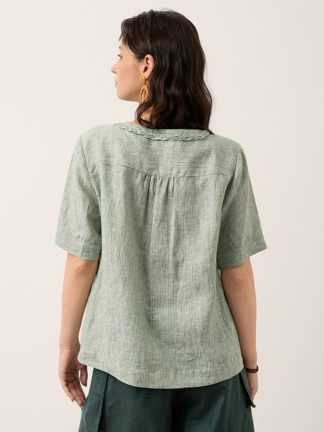 100% Linen Yarn-Dyed Round Neck Button Shirt
