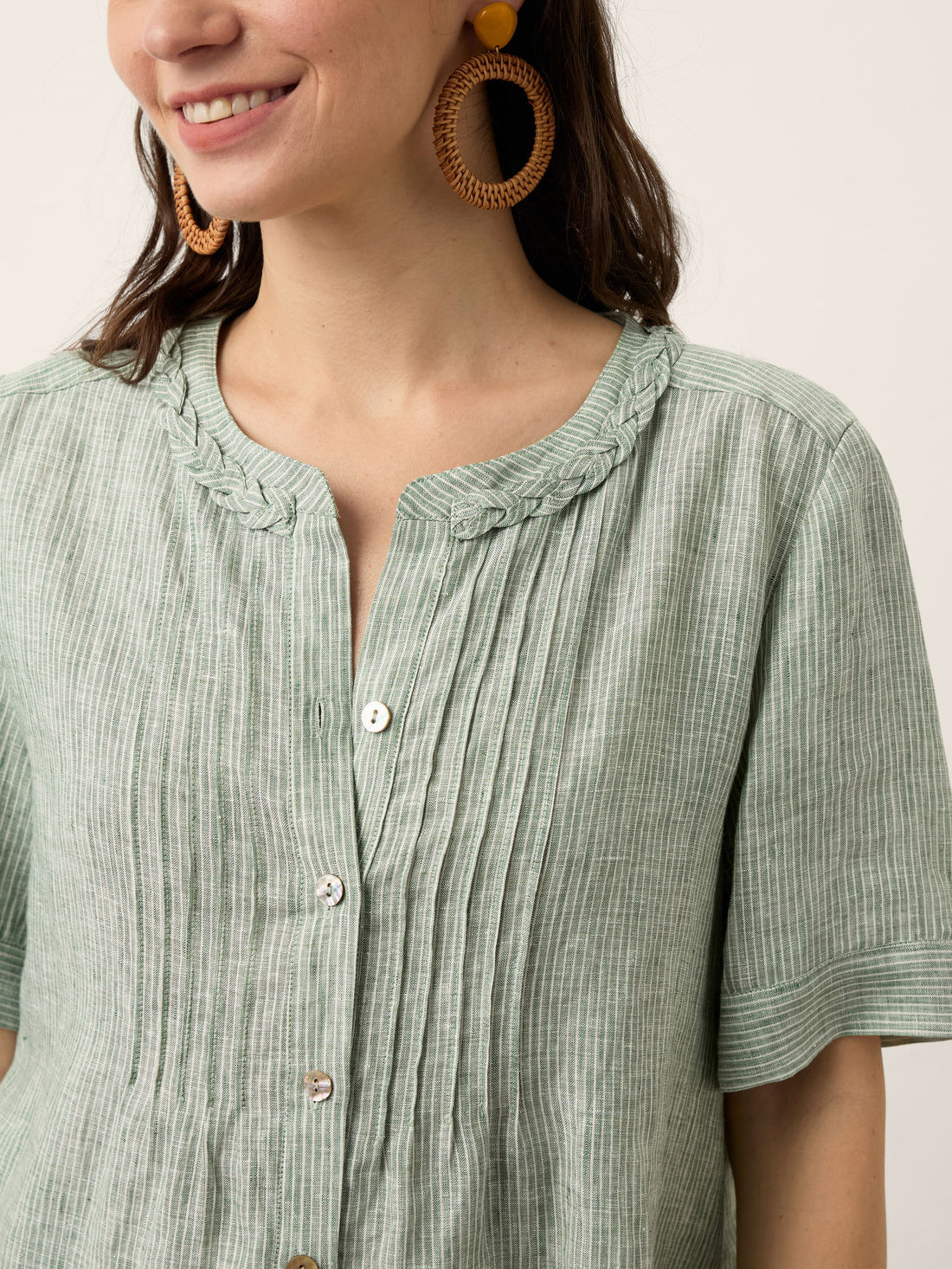 100% Linen Yarn-Dyed Round Neck Button Shirt