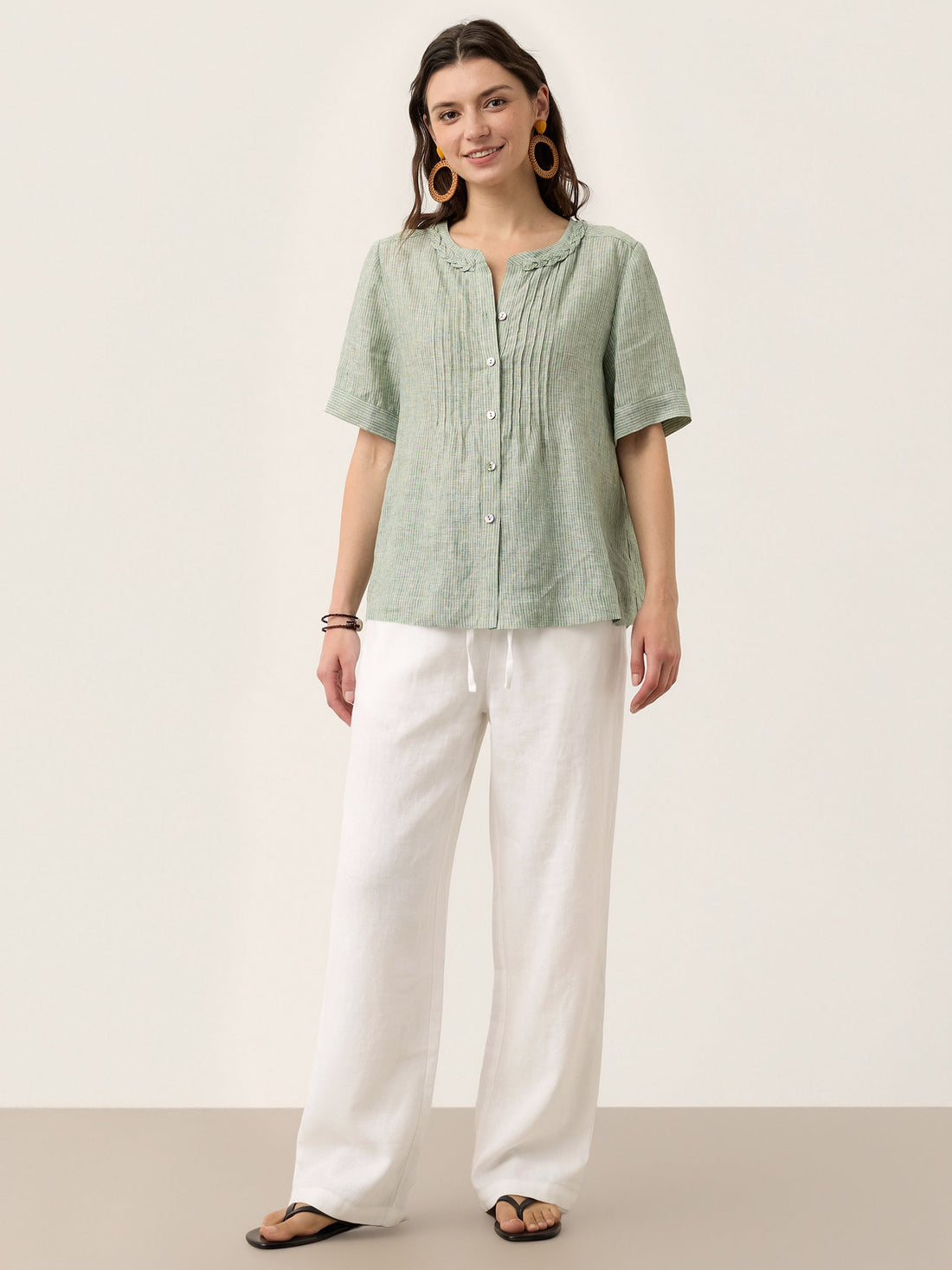100% Linen Yarn-Dyed Round Neck Button Shirt