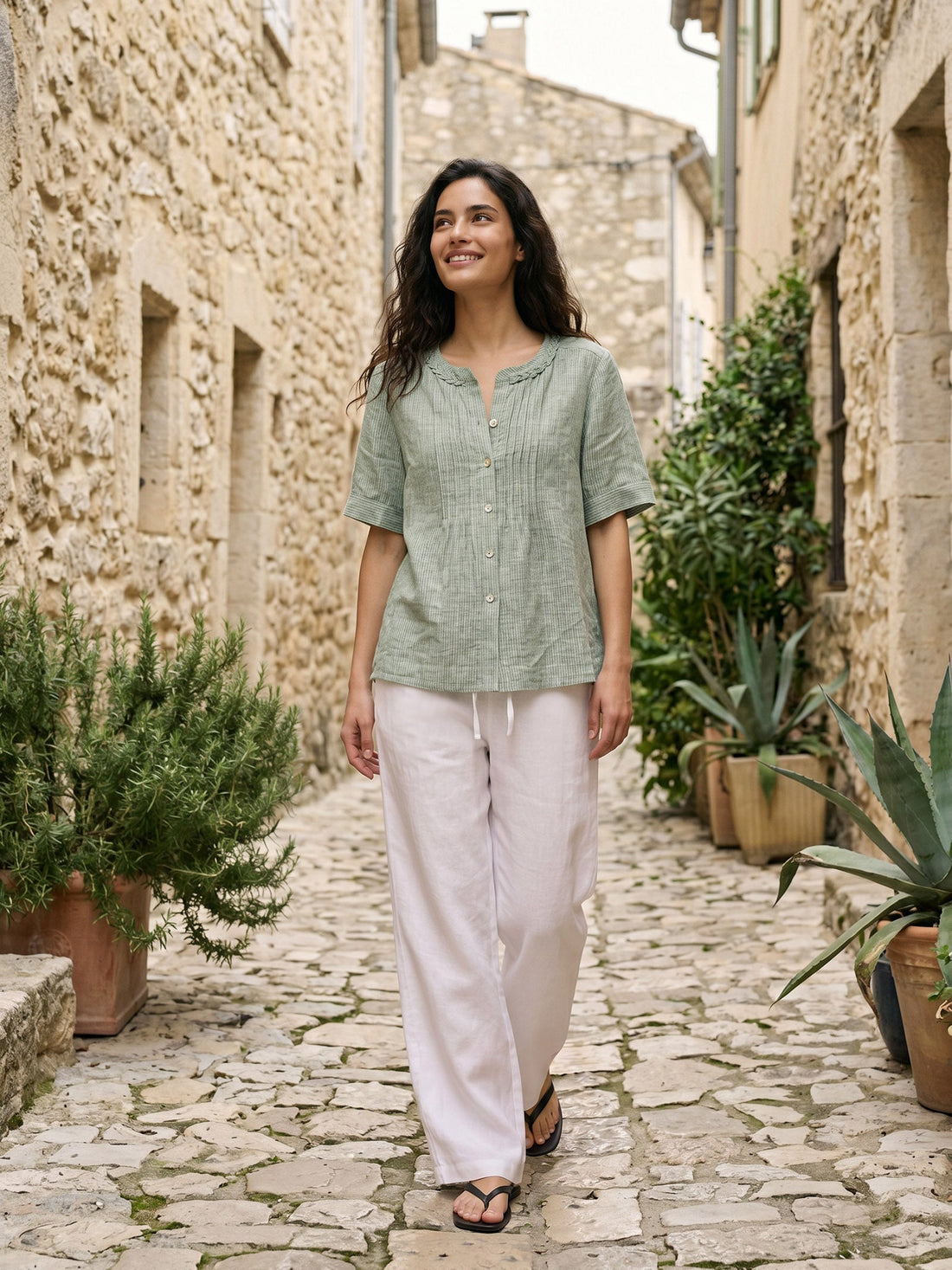 100% Linen Yarn-Dyed Round Neck Button Shirt