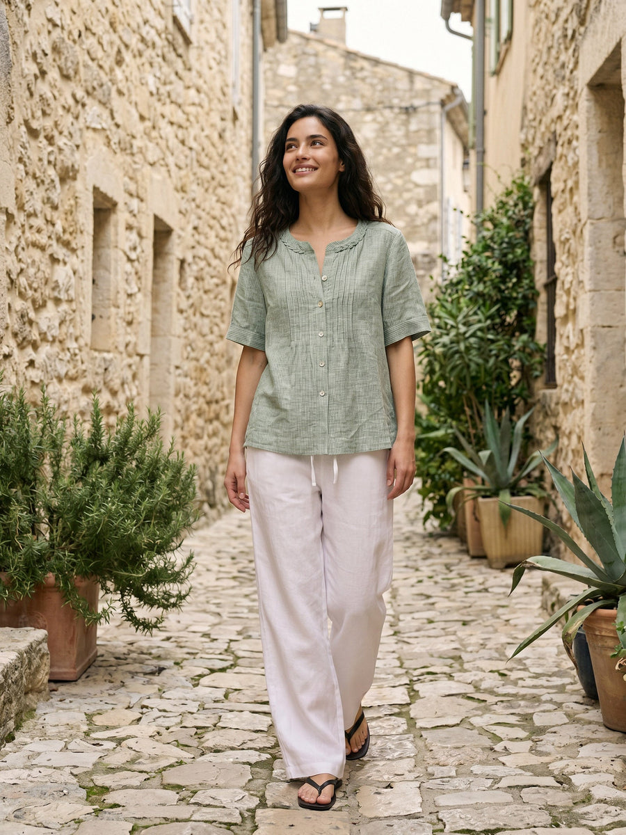 100% Linen Yarn-Dyed Round Neck Button Shirt