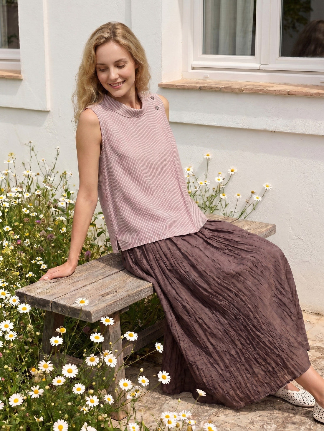 100% Linen Pleated Sleeveless Tank Top