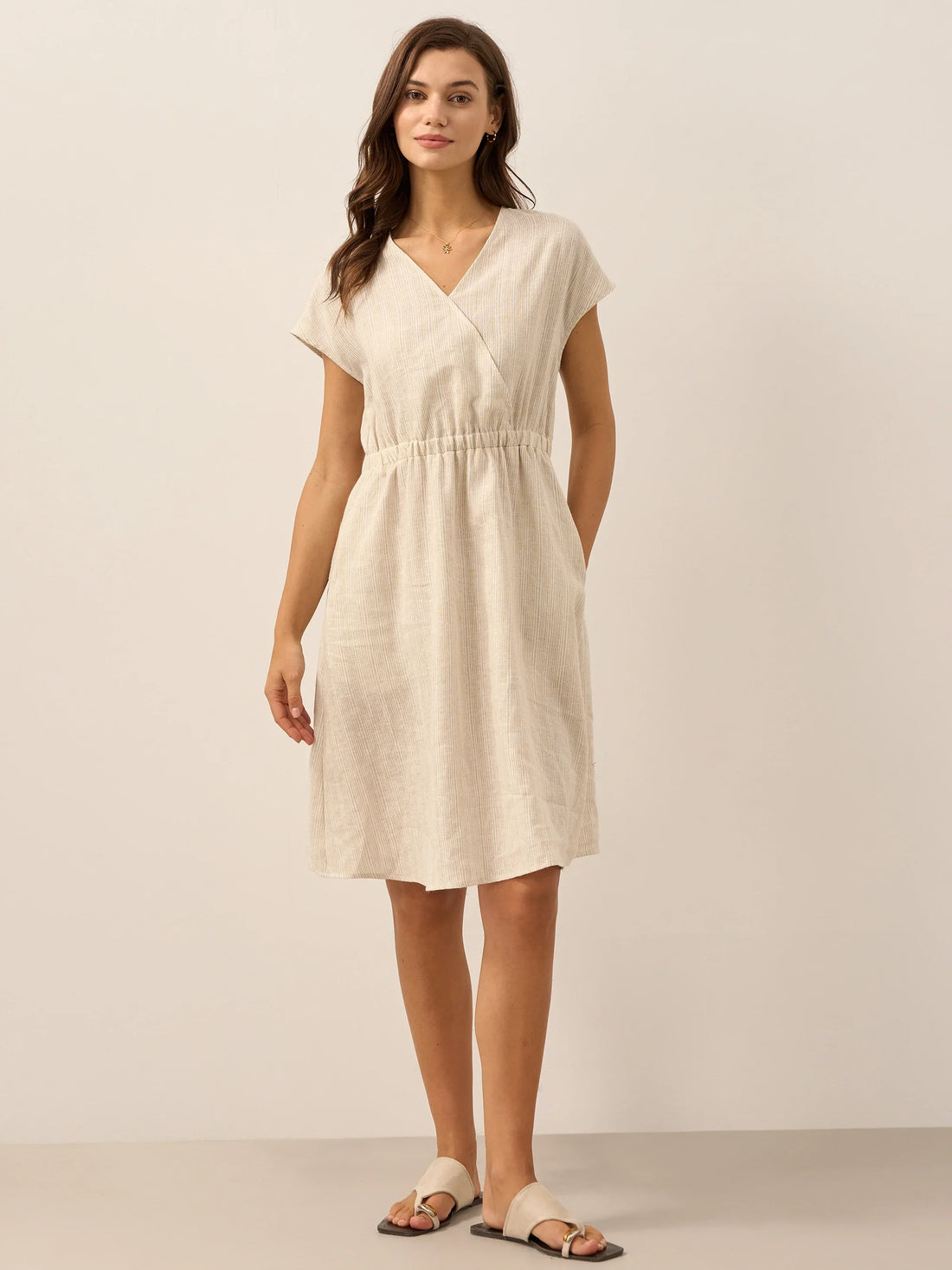 100% Linen Striped V-Neck Elastic Waist Mini Dress