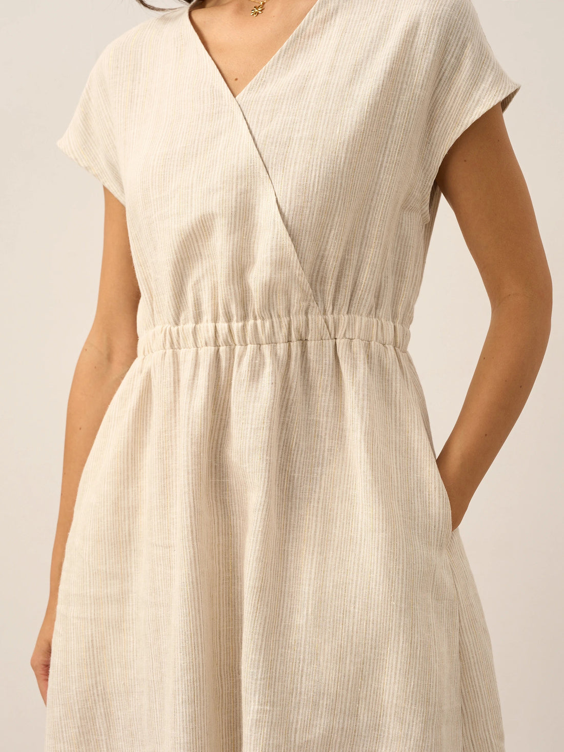100% Linen Striped V-Neck Elastic Waist Mini Dress