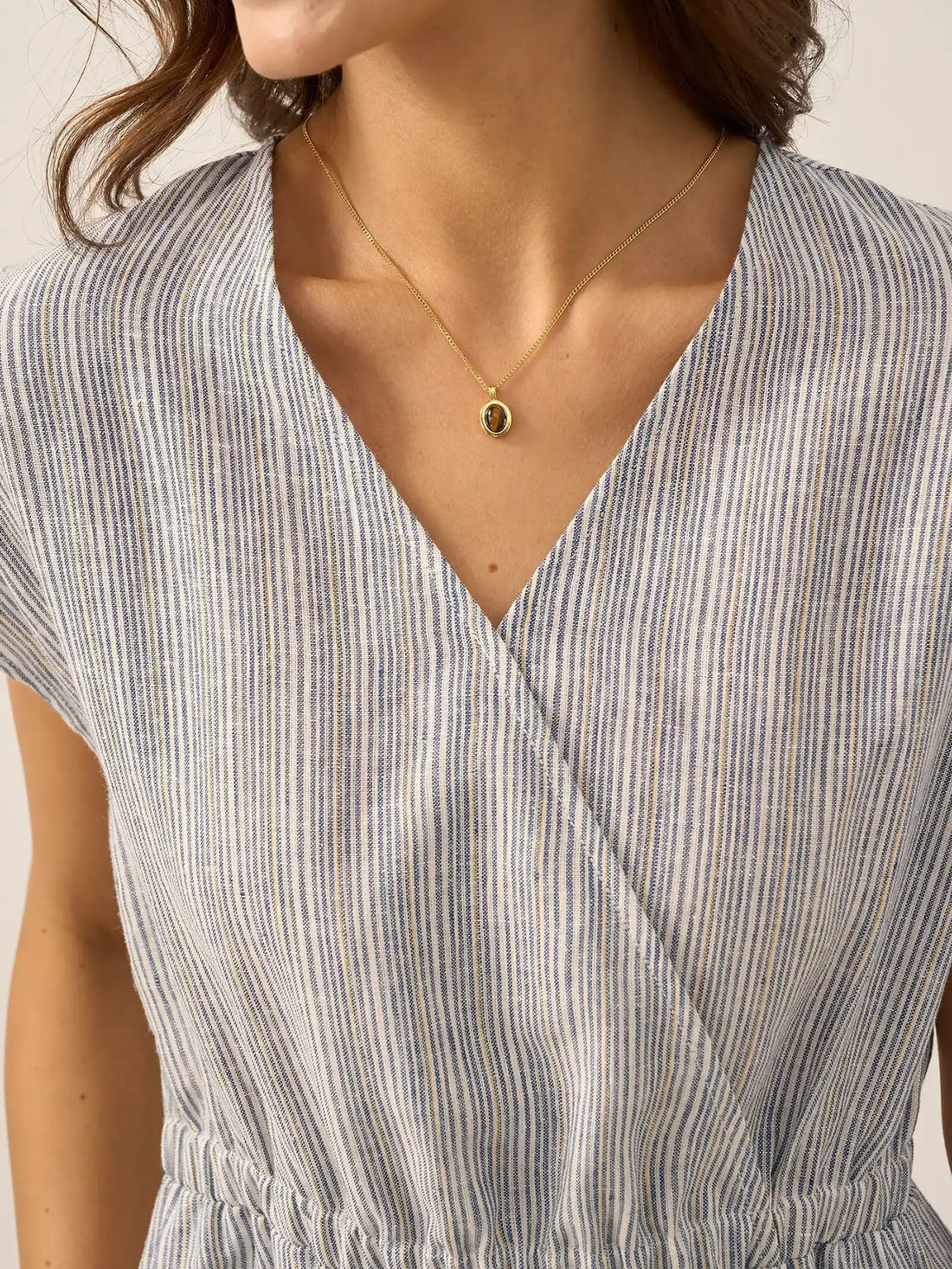100% Linen Striped V-Neck Elastic Waist Mini Dress