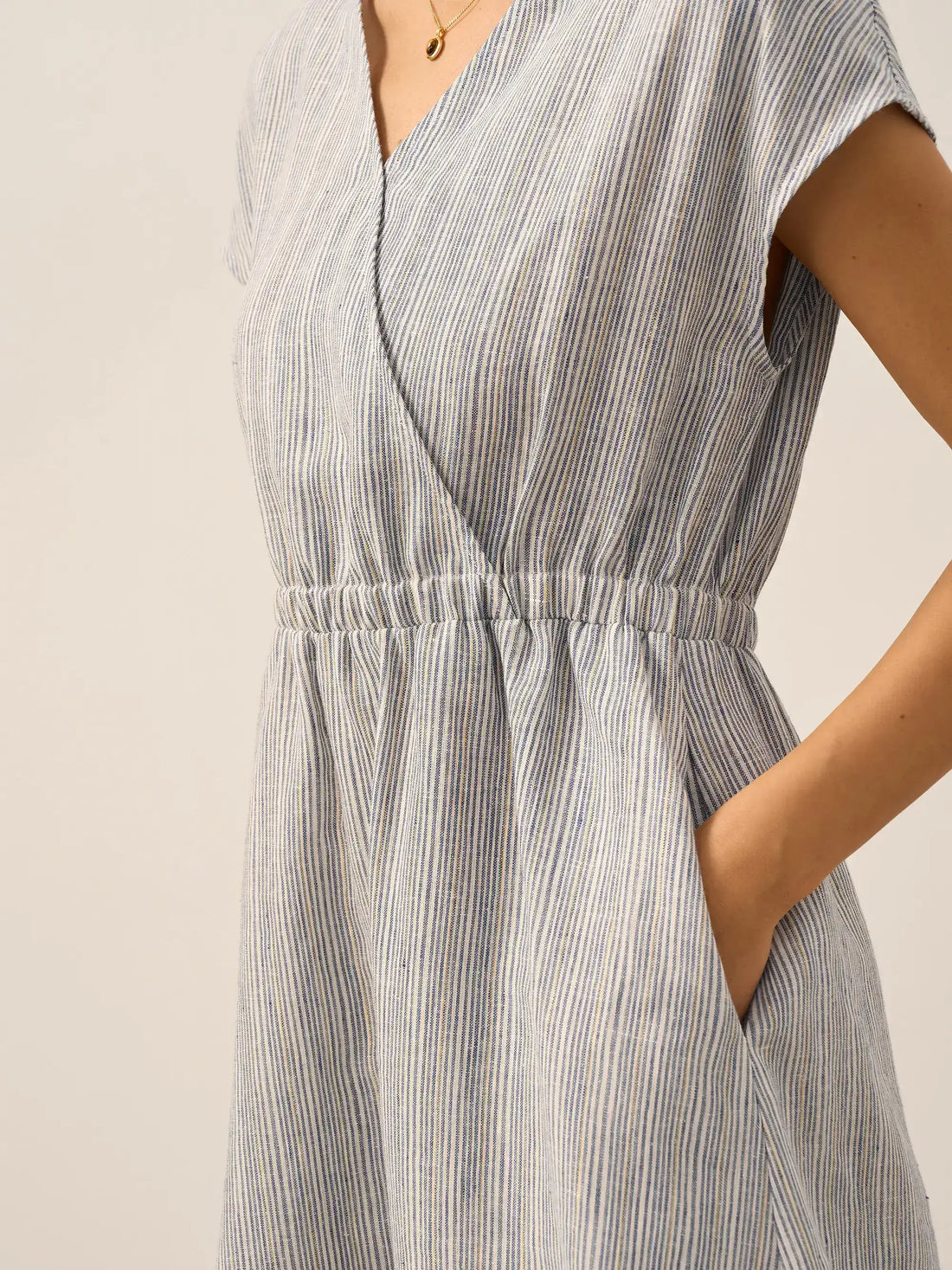 100% Linen Striped V-Neck Elastic Waist Mini Dress