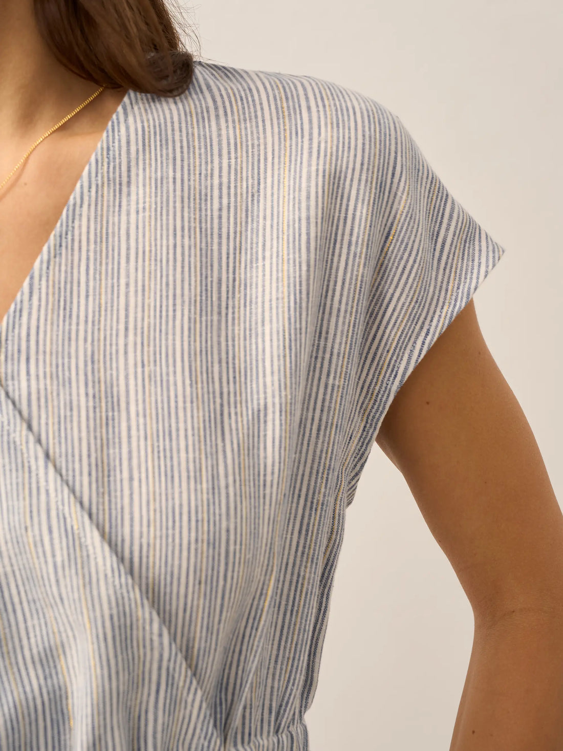 100% Linen Striped V-Neck Elastic Waist Mini Dress