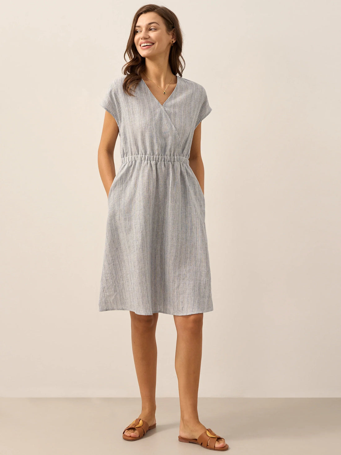 100% Linen Striped V-Neck Elastic Waist Mini Dress