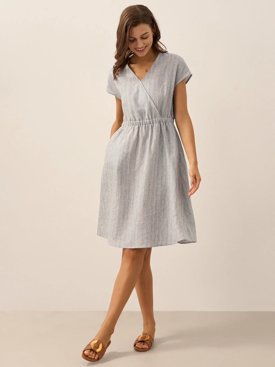 100% Linen Striped V-Neck Elastic Waist Mini Dress