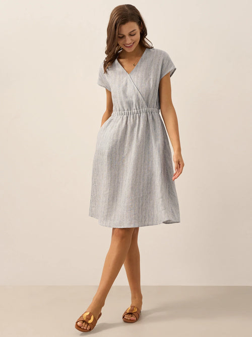 100% Linen V-Neck Elastic-Waist Mini Dress