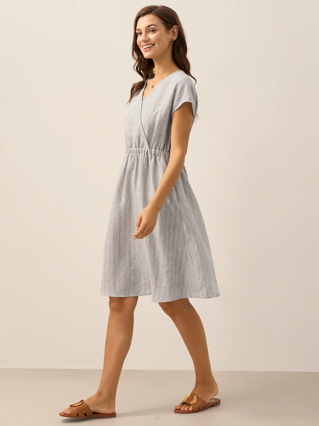 100% Linen Striped V-Neck Elastic Waist Mini Dress