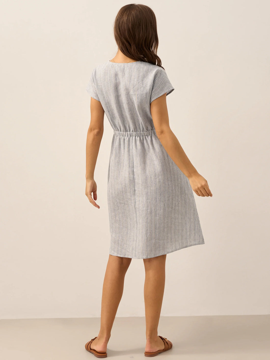 100% Linen Striped V-Neck Elastic Waist Mini Dress