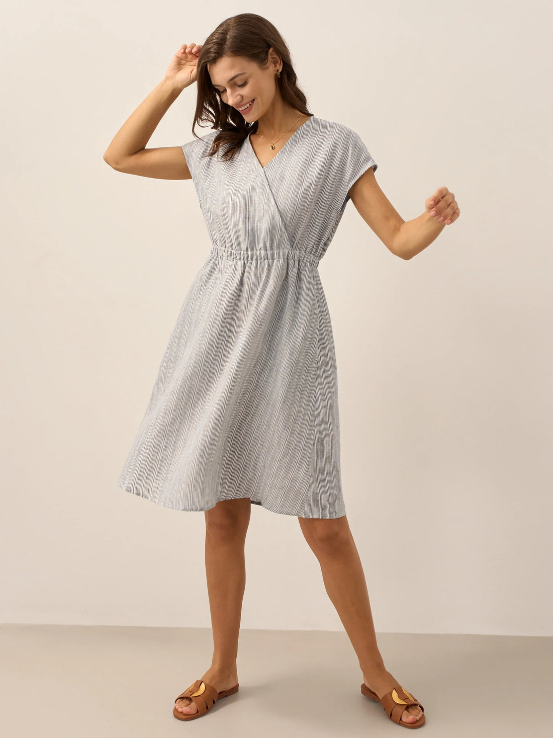 100% Linen Striped V-Neck Elastic Waist Mini Dress