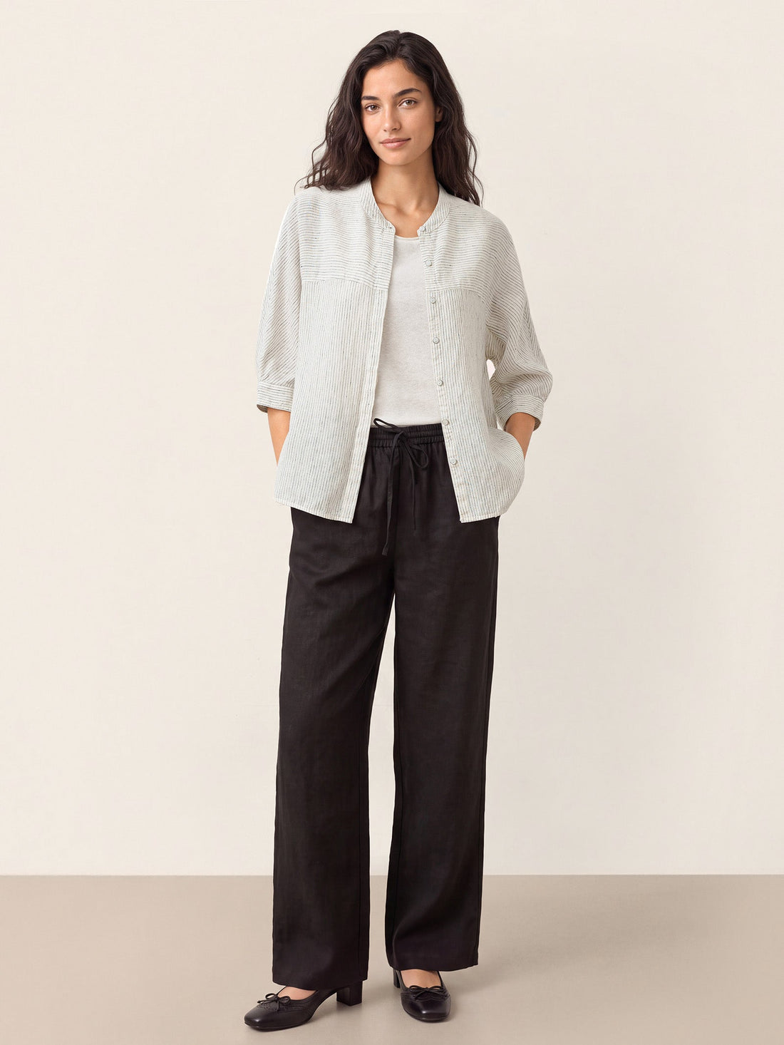 100% Linen Striped Three-Quarter Sleeve Shirt