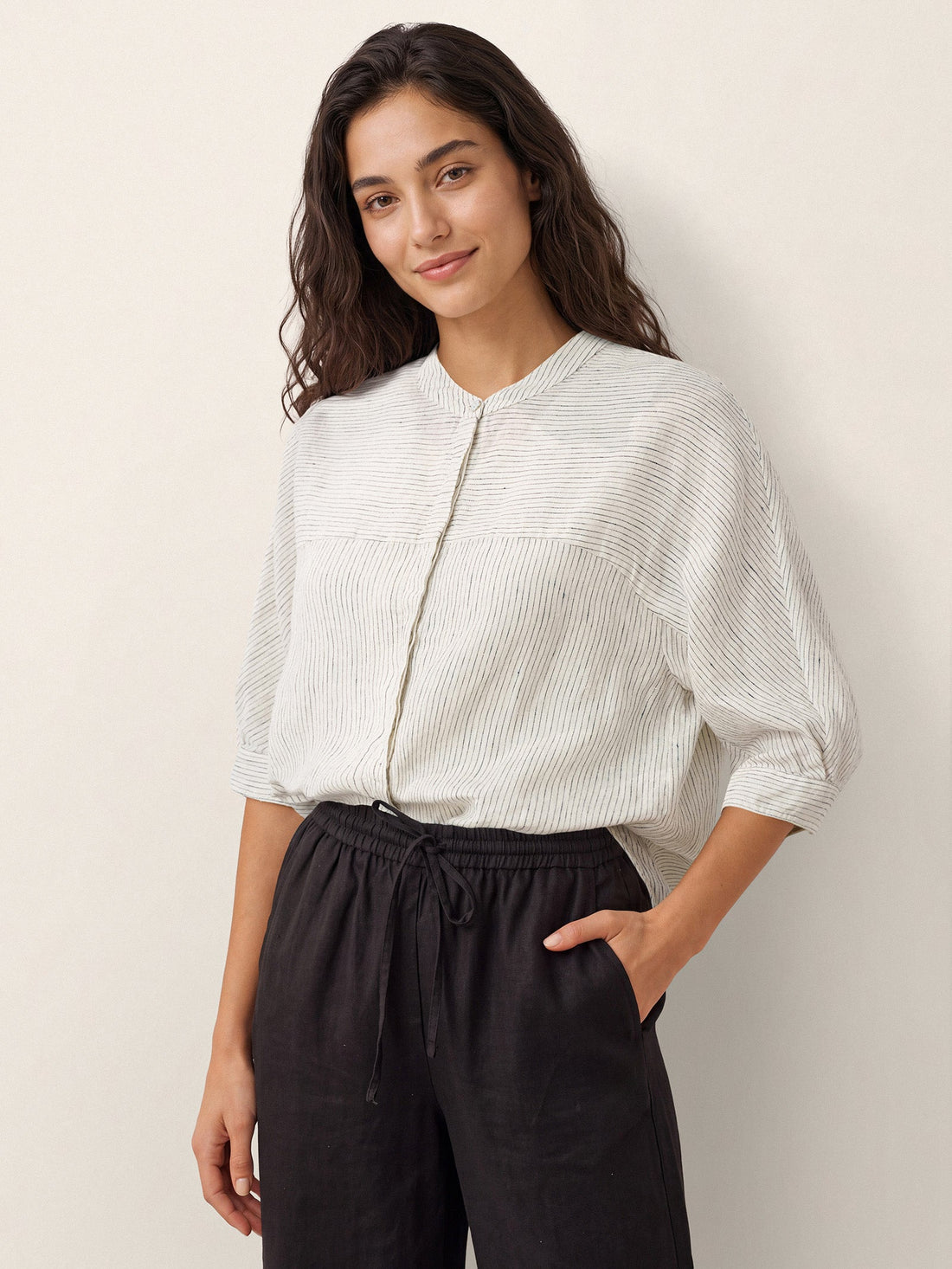 100% Linen Striped Three-Quarter Sleeve Shirt