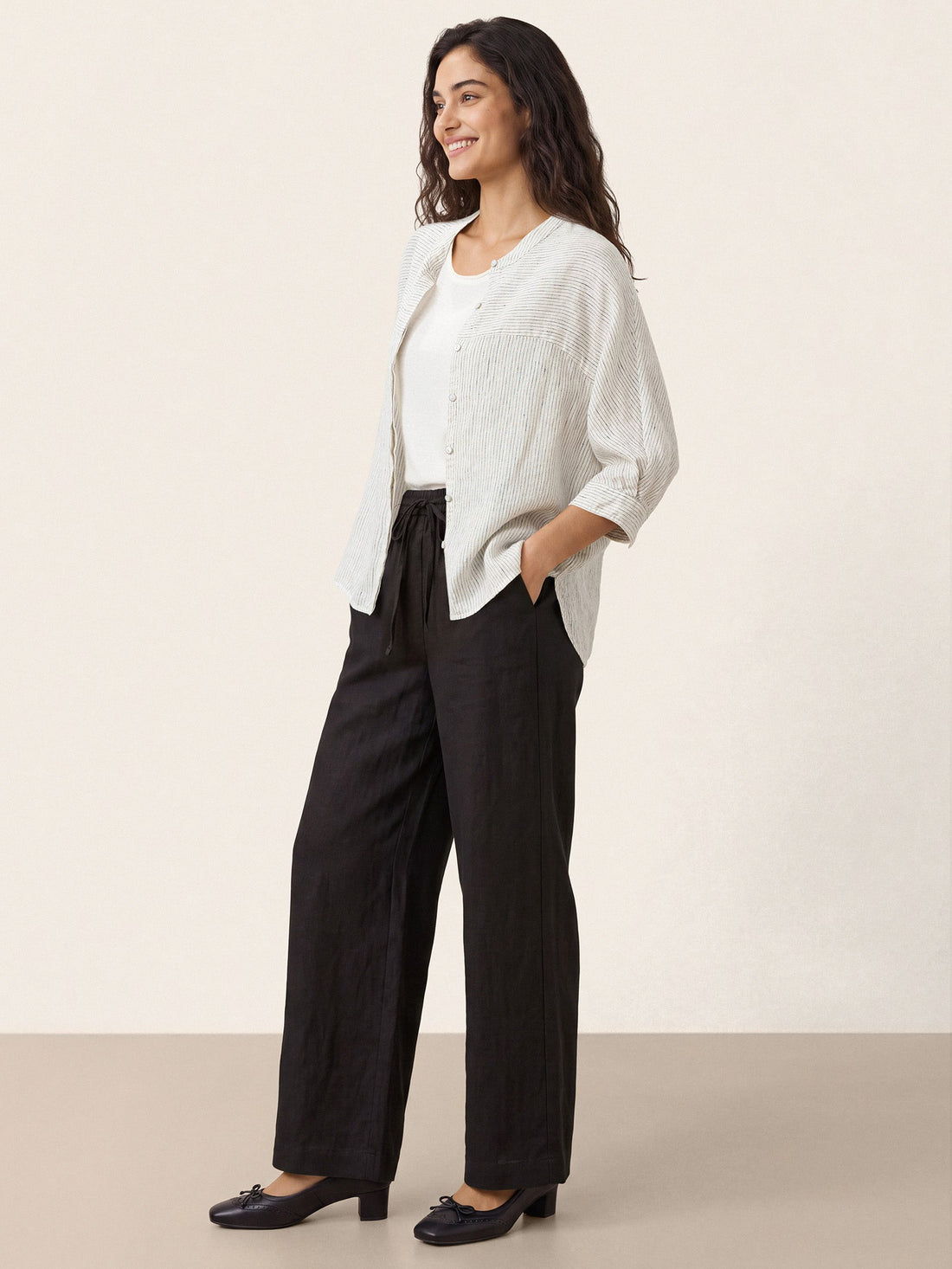 100% Linen Striped Three-Quarter Sleeve Shirt