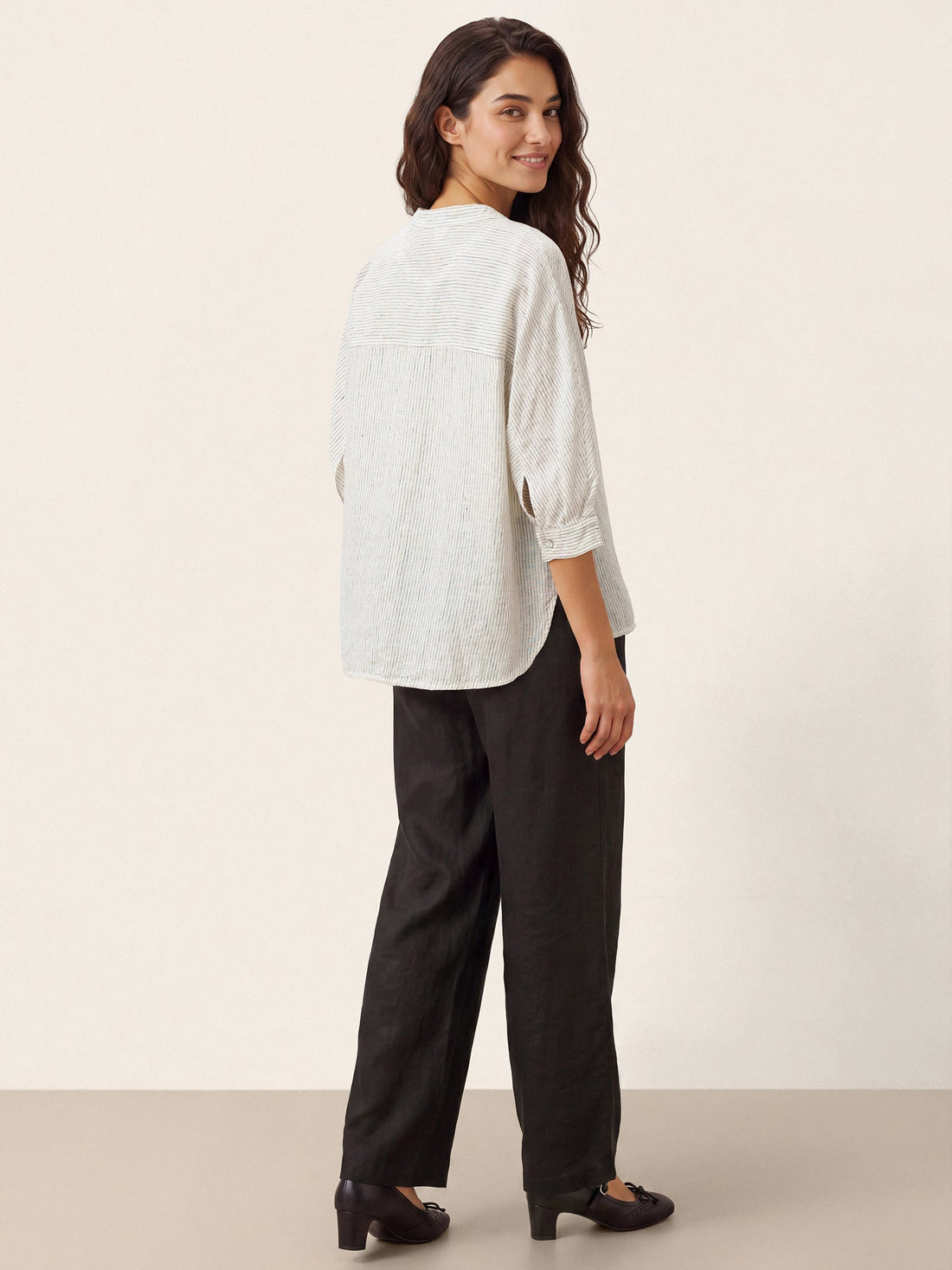 100% Linen Striped Three-Quarter Sleeve Shirt