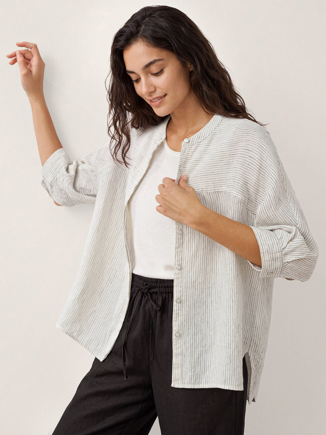 100% Linen Striped Three-Quarter Sleeve Shirt