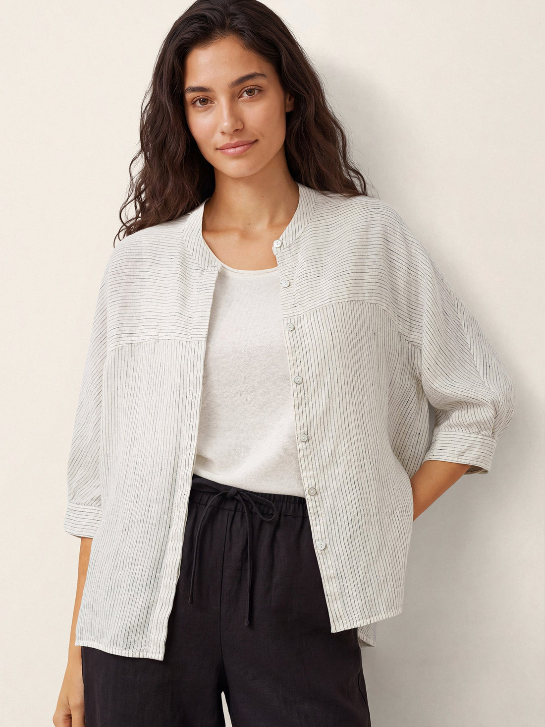 100% Linen Striped Three-Quarter Sleeve Shirt