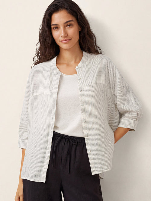 100% Linen Striped Three-Quarter Sleeve Shirt