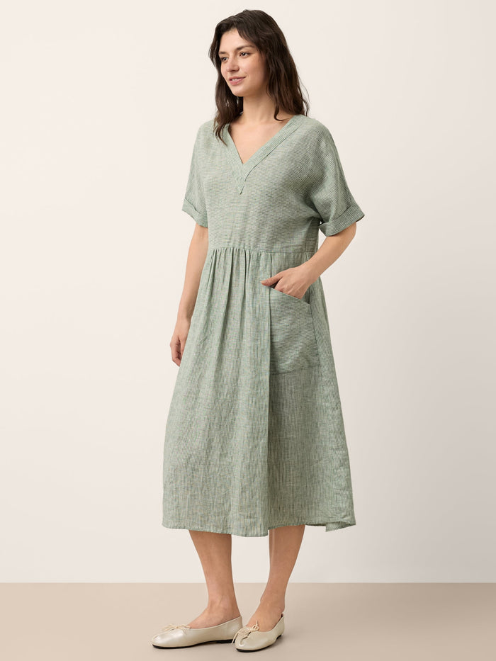 100% Linen V-Neck Midi Dress with Patch Pockets