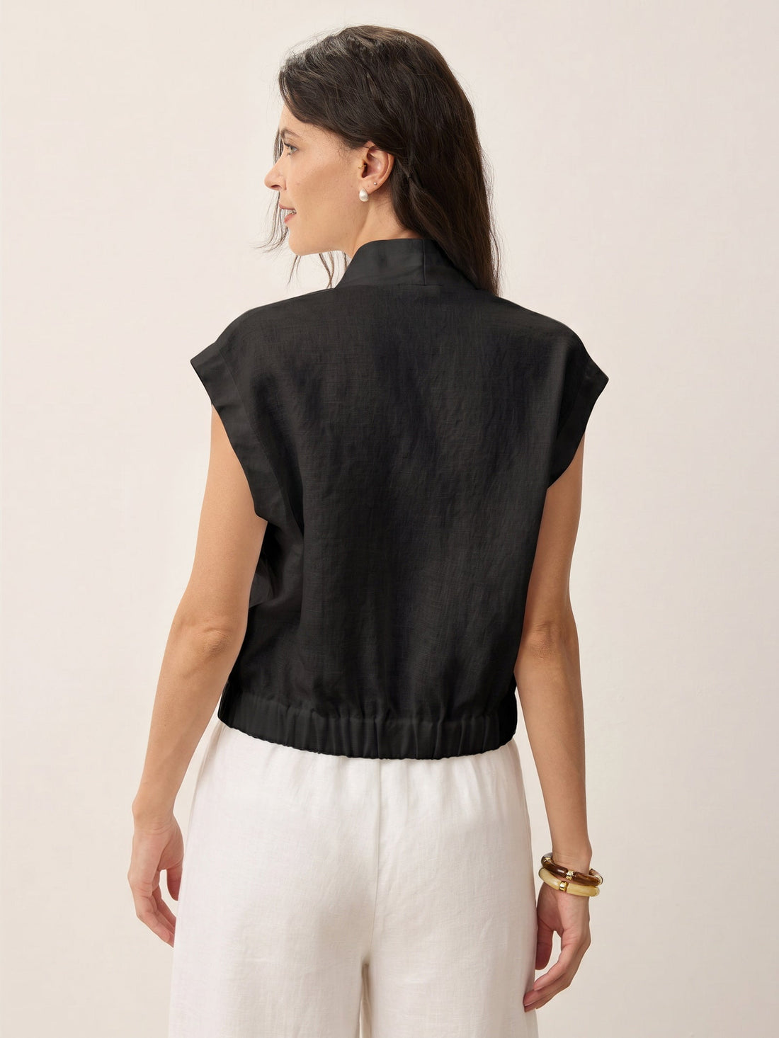 100% Linen Semi-Sheer V-Neck Cropped Shirt