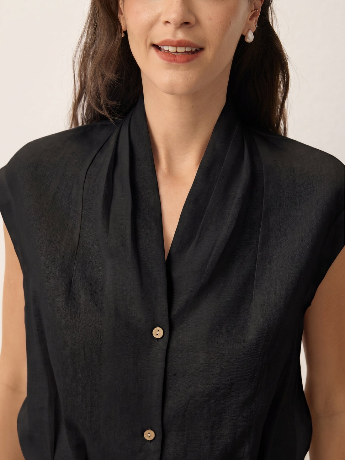 100% Linen Semi-Sheer V-Neck Cropped Shirt