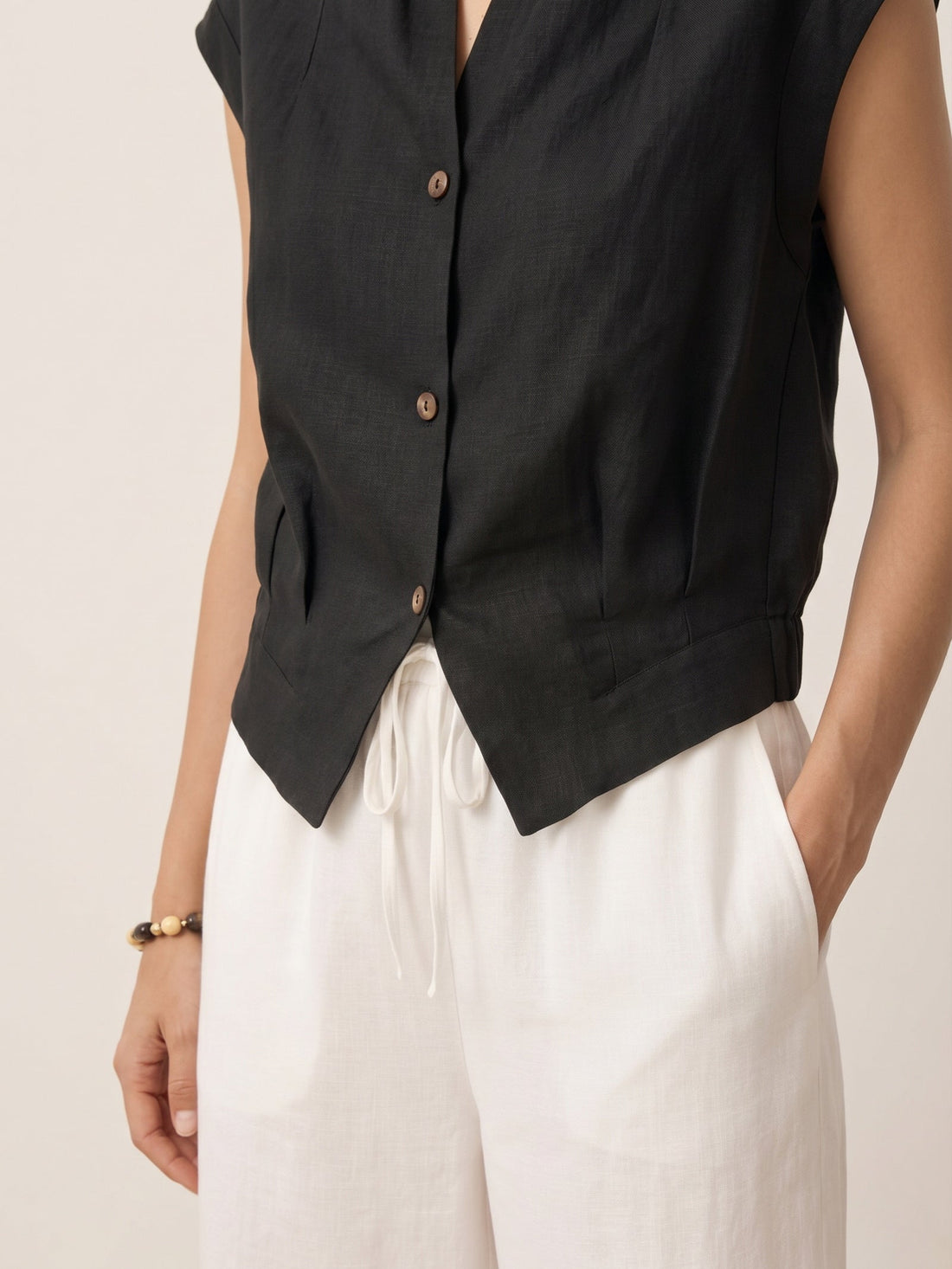 100% Linen Semi-Sheer V-Neck Cropped Shirt