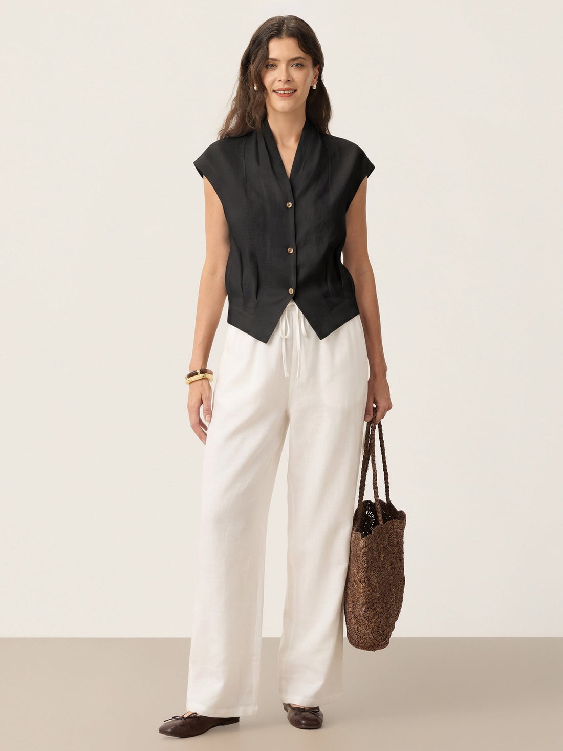 100% Linen Semi-Sheer V-Neck Cropped Shirt