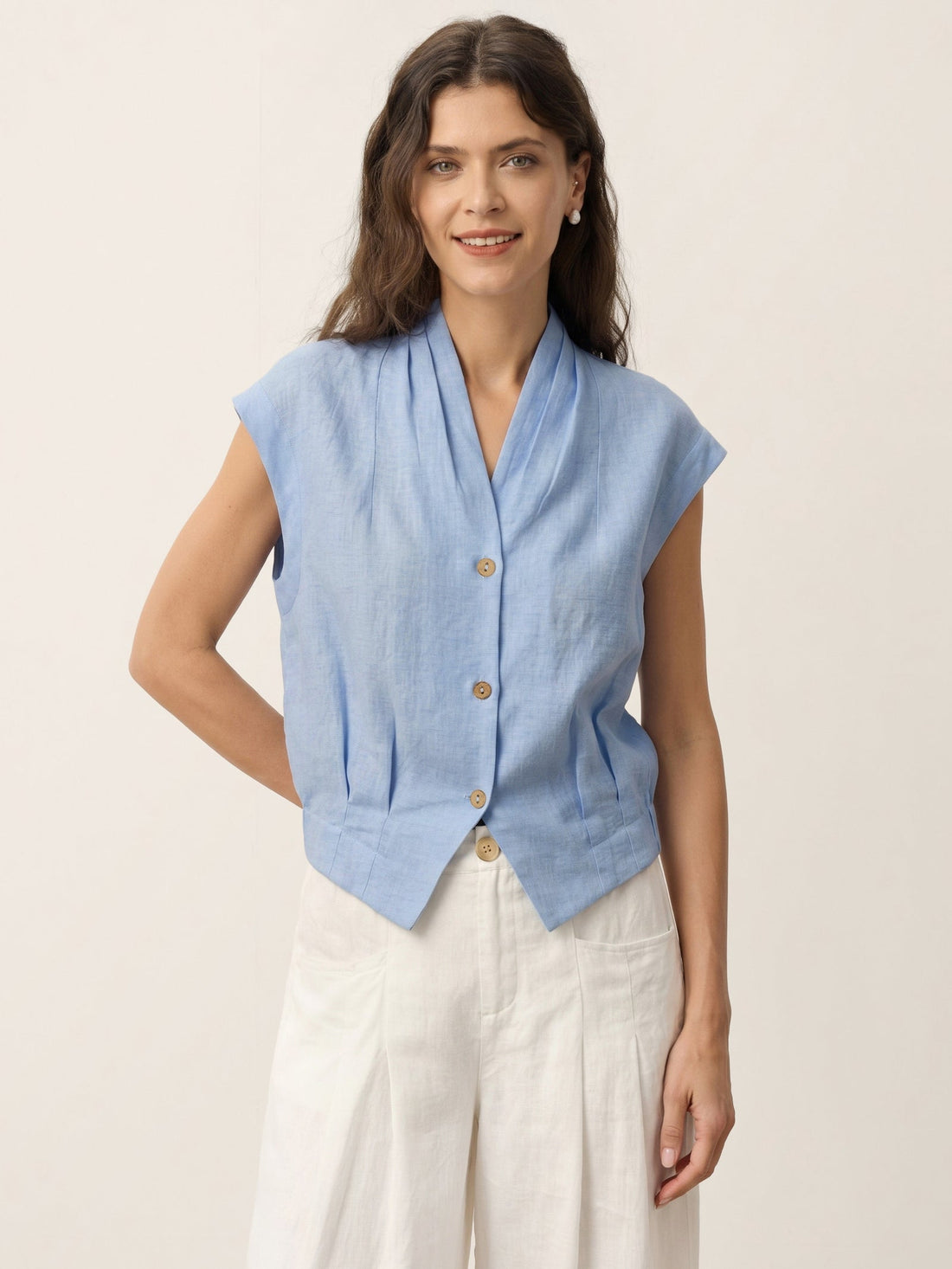 100% Linen Semi-Sheer V-Neck Cropped Shirt