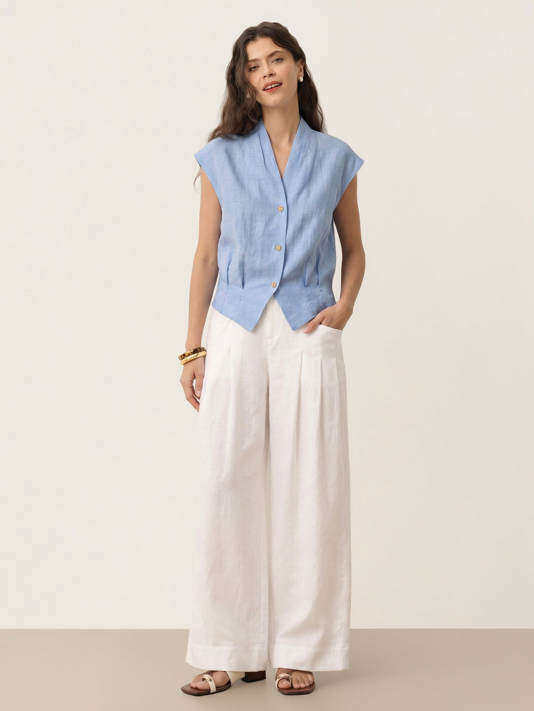 100% Linen Semi-Sheer V-Neck Cropped Shirt