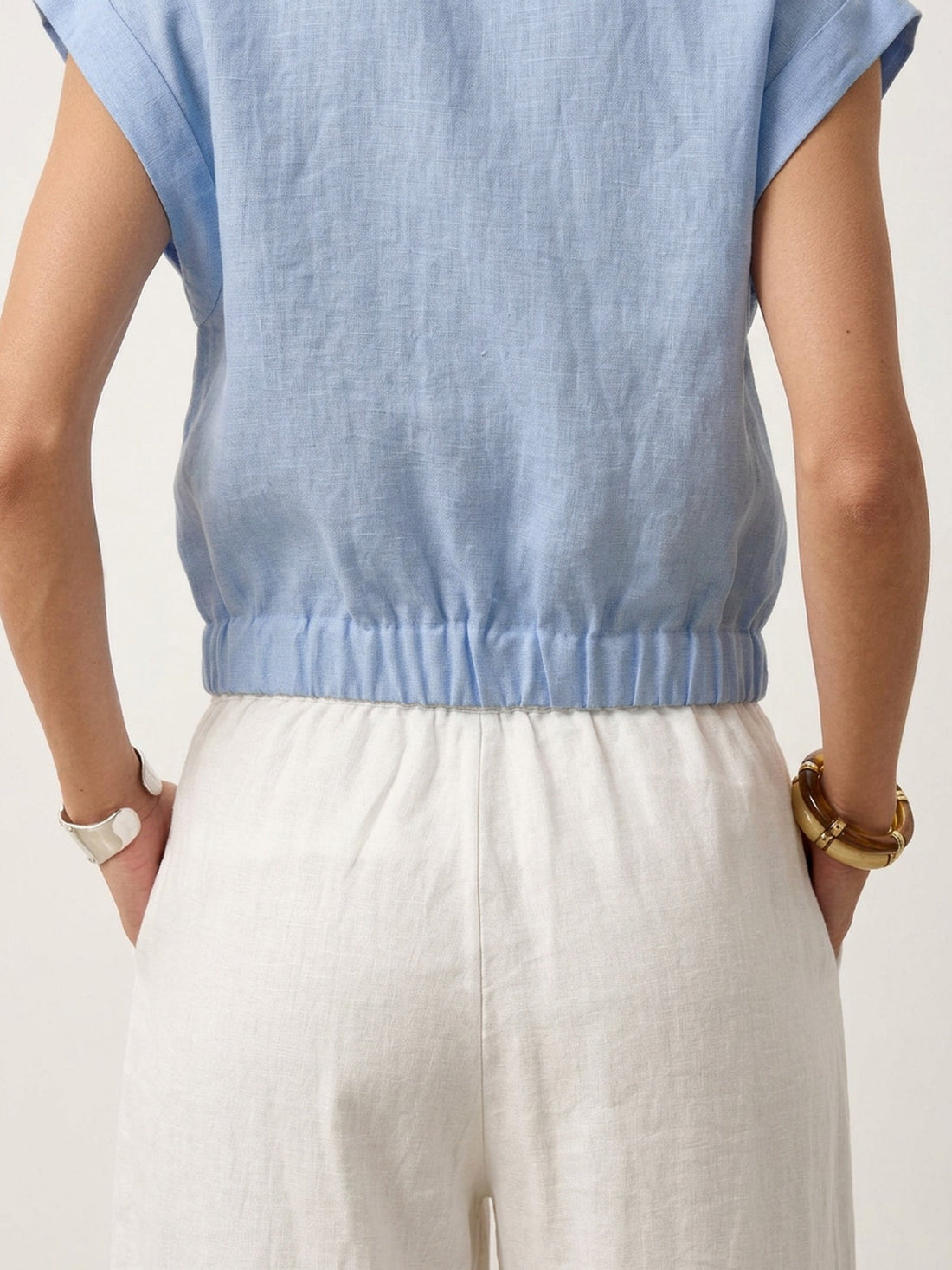 100% Linen Semi-Sheer V-Neck Cropped Shirt