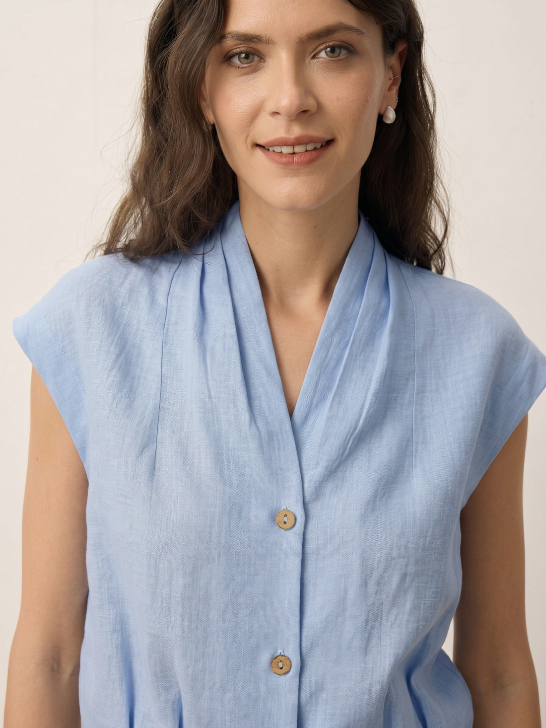 100% Linen Semi-Sheer V-Neck Cropped Shirt