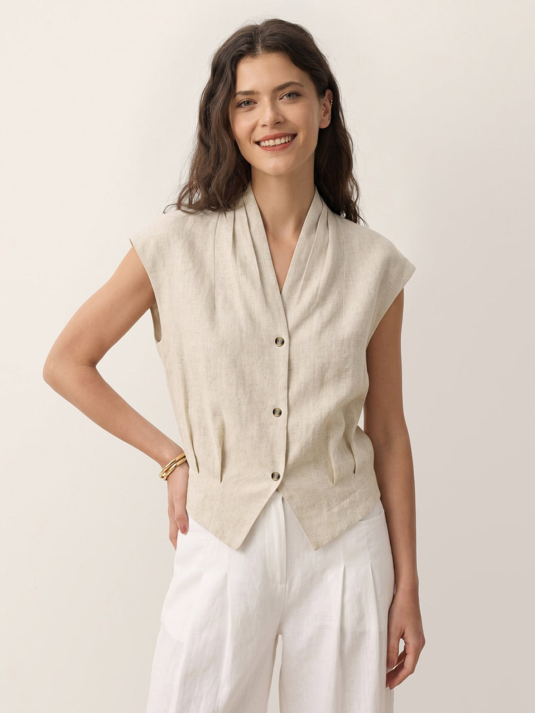 100% Linen Semi-Sheer V-Neck Cropped Shirt