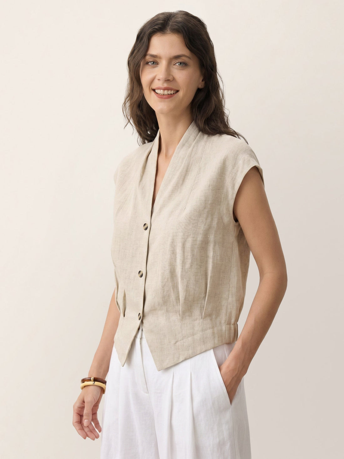 100% Linen Semi-Sheer V-Neck Cropped Shirt