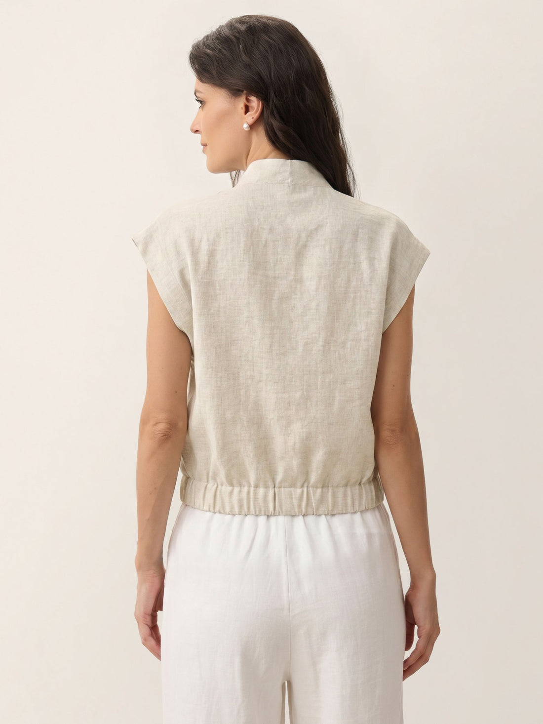 100% Linen Semi-Sheer V-Neck Cropped Shirt
