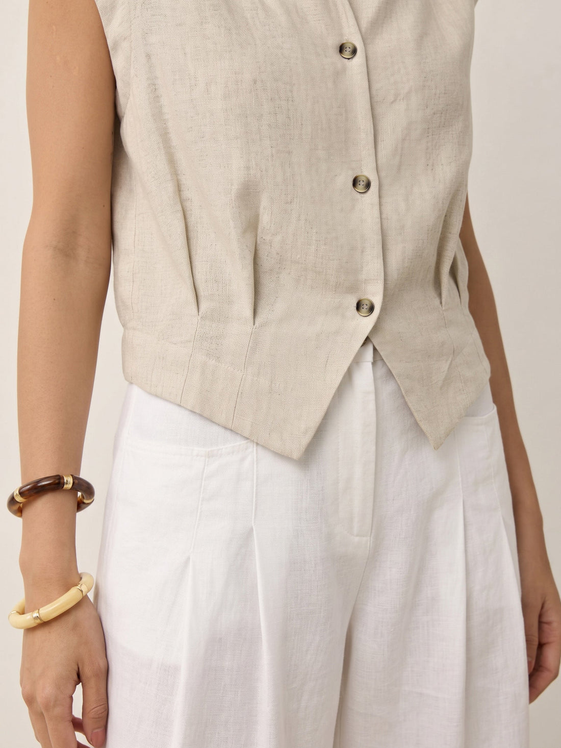 100% Linen Semi-Sheer V-Neck Cropped Shirt