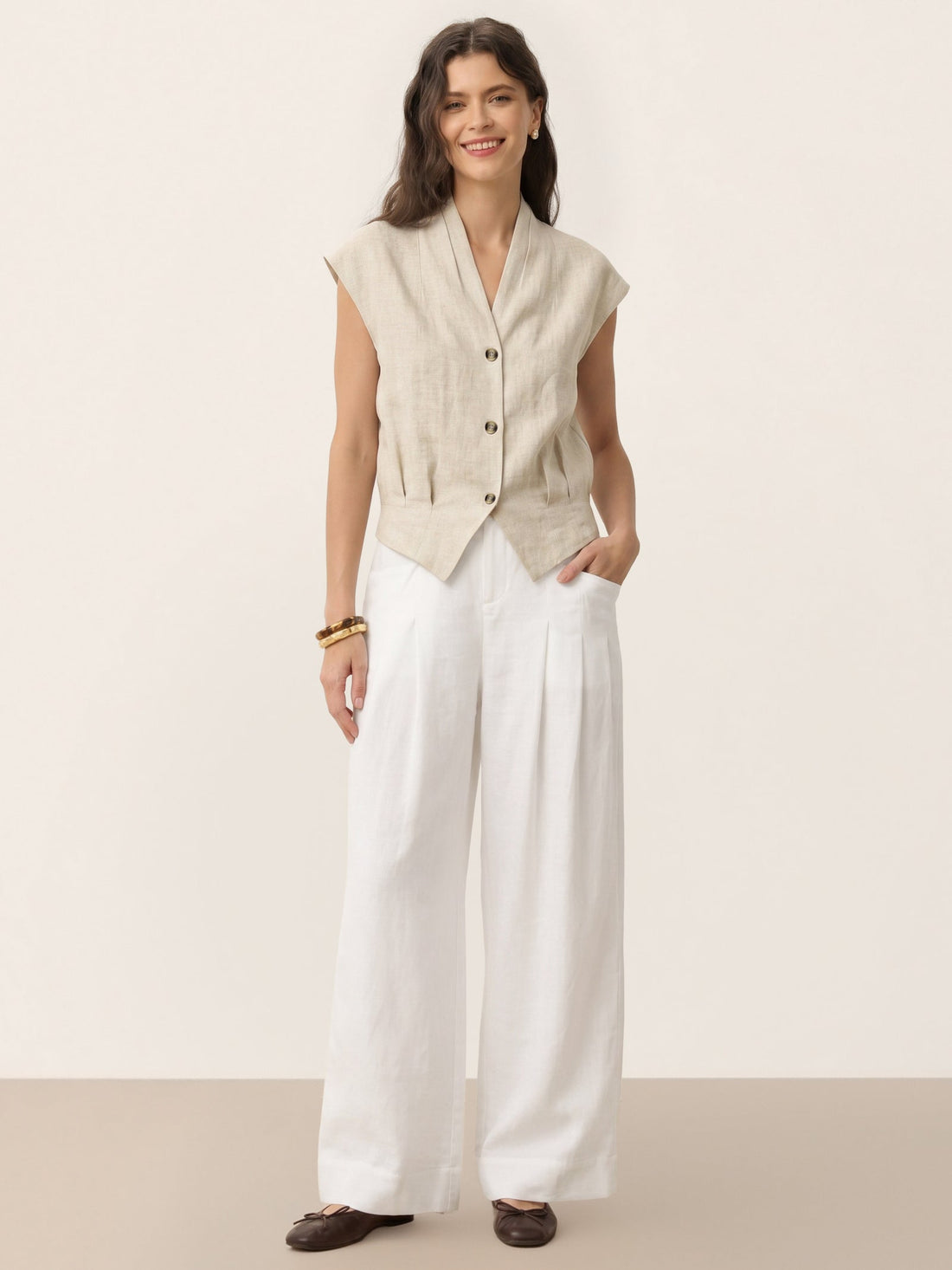100% Linen Semi-Sheer V-Neck Cropped Shirt