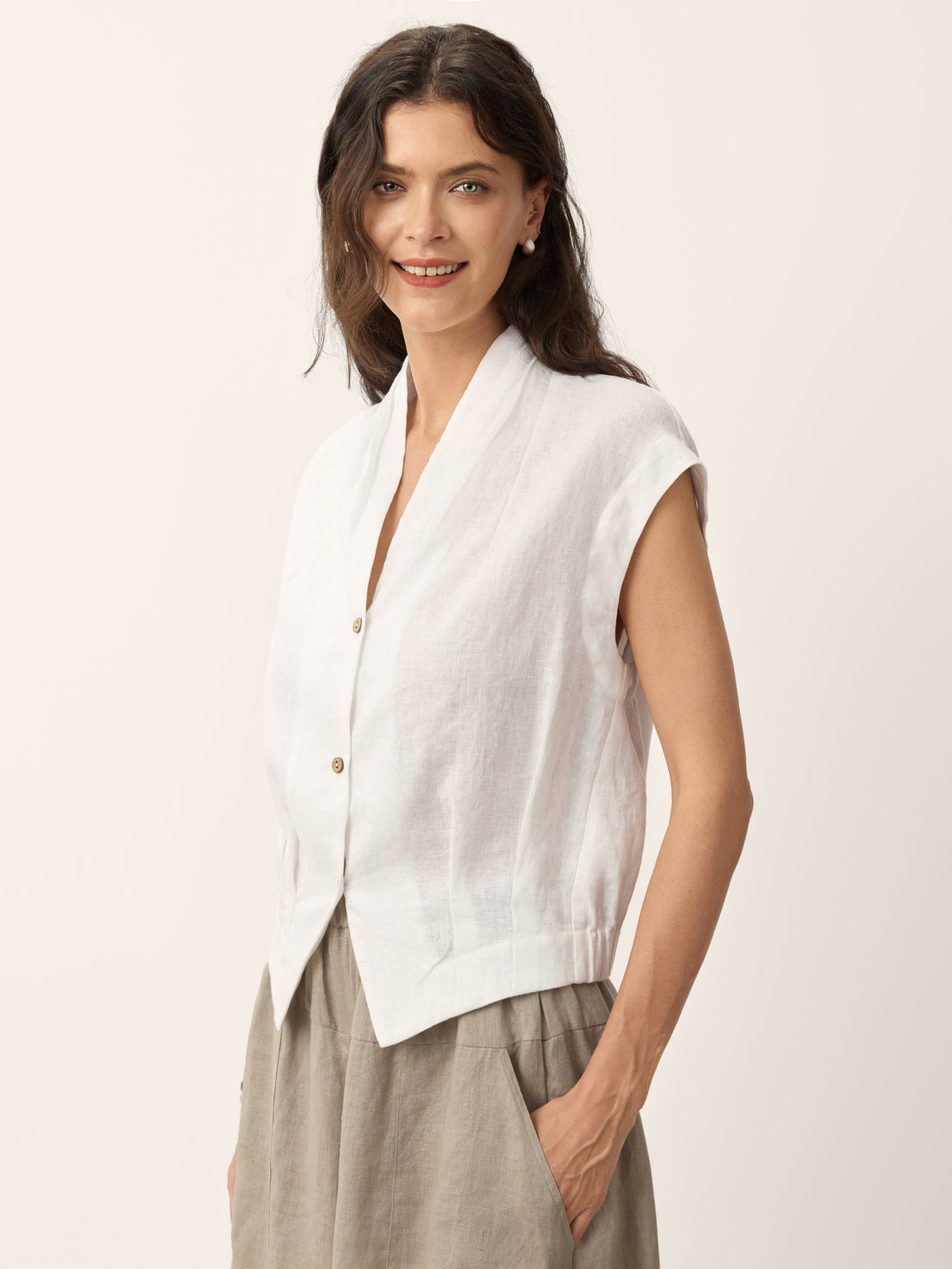 100% Linen Semi-Sheer V-Neck Cropped Shirt