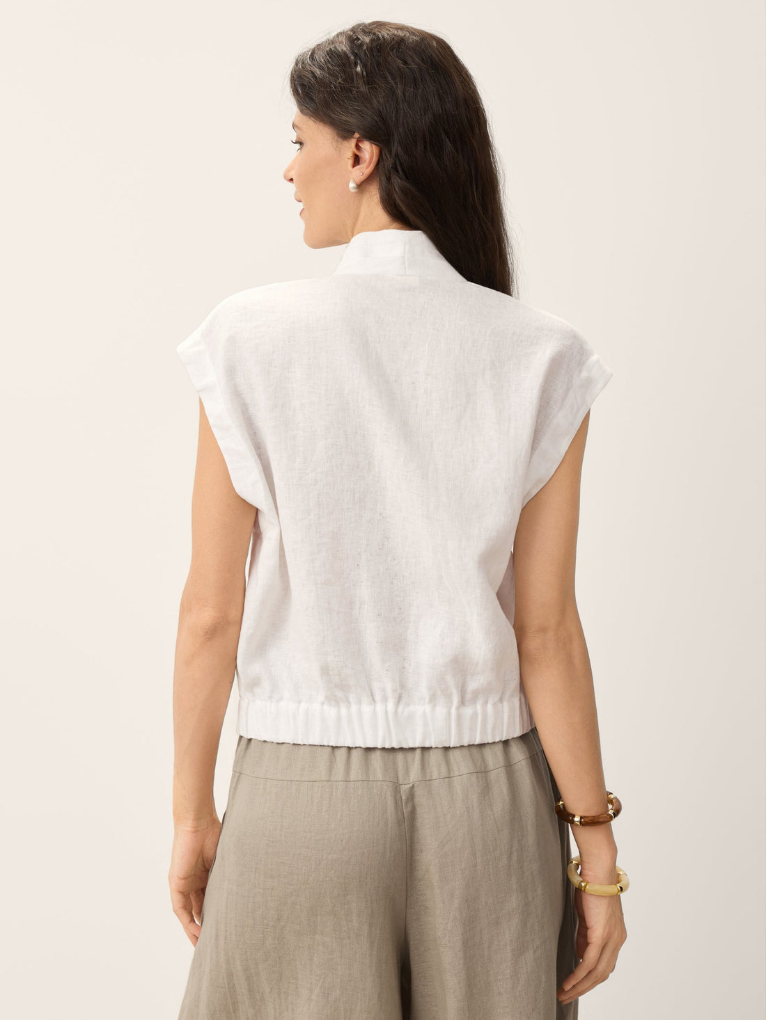 100% Linen Semi-Sheer V-Neck Cropped Shirt