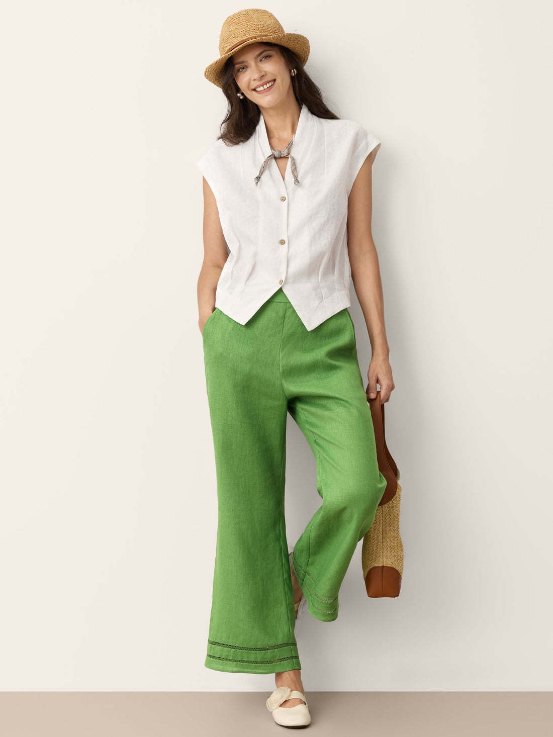 100% Linen Semi-Sheer V-Neck Cropped Shirt