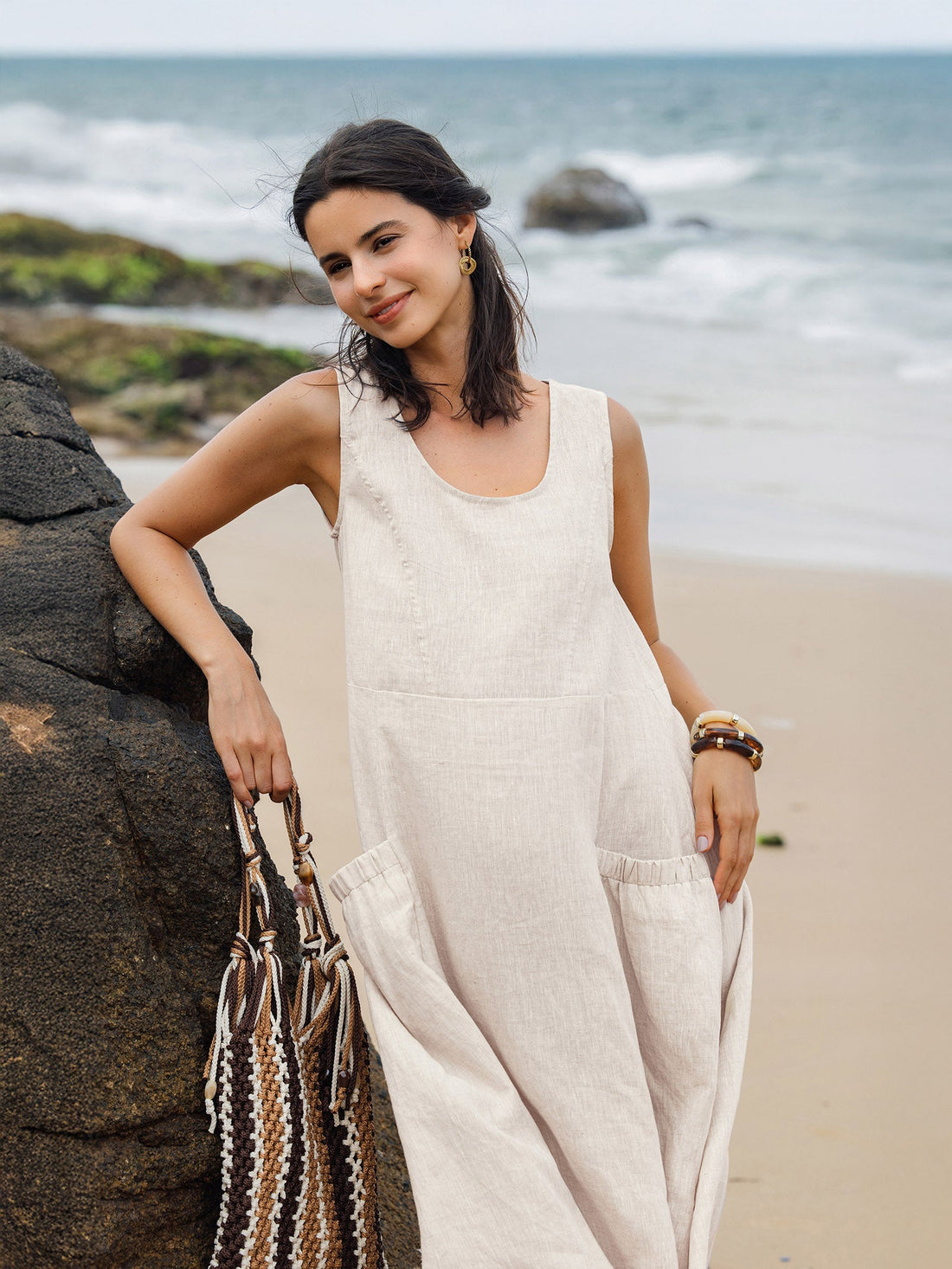 100% Linen A-Line Patch Pocket Midi Dress