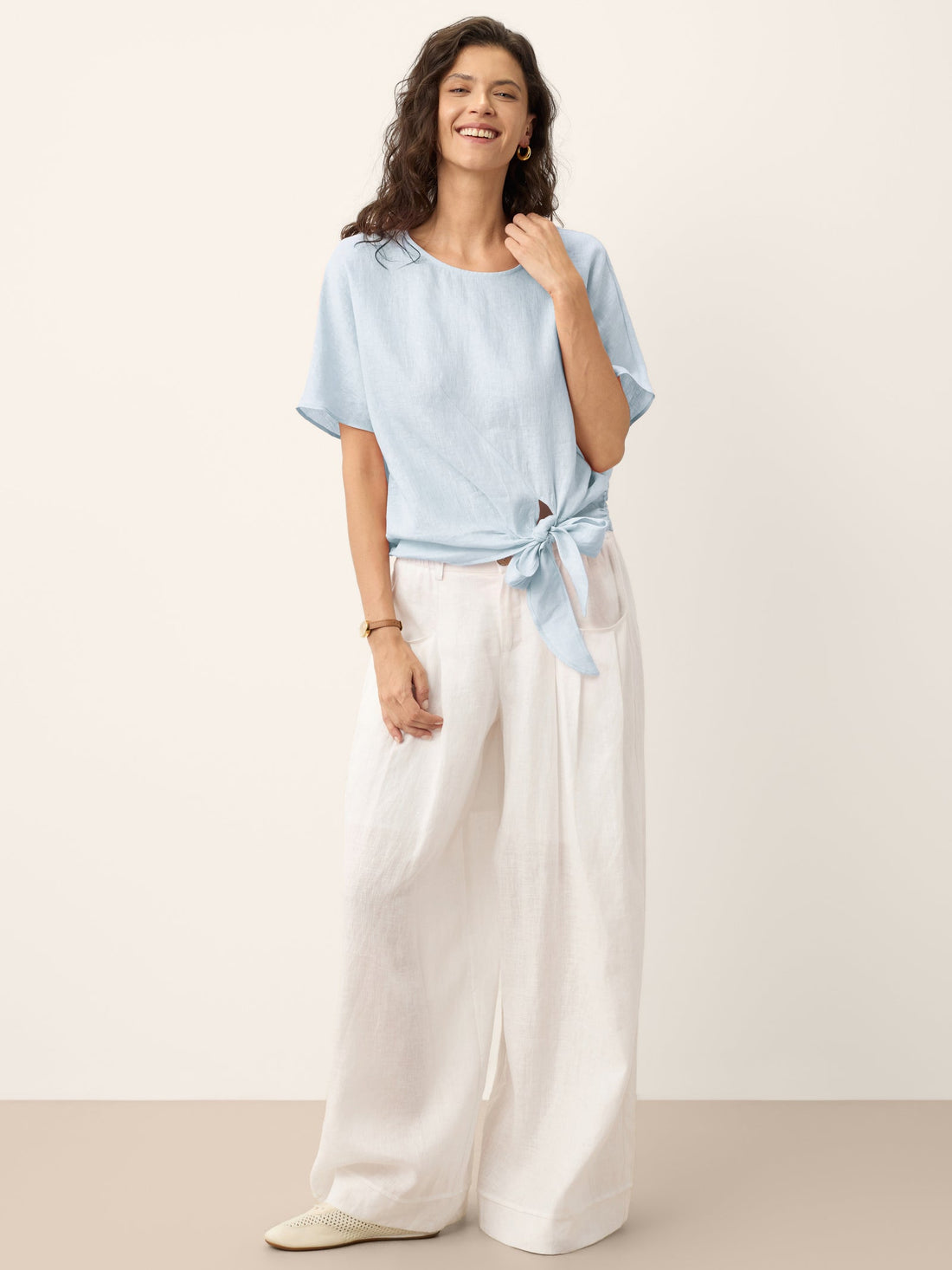 100% Linen Semi-Sheer Round Neck Blouse