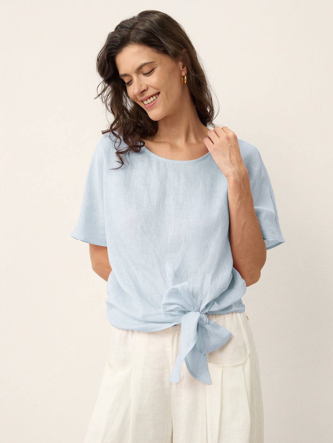 100% Linen Semi-Sheer Round Neck Blouse