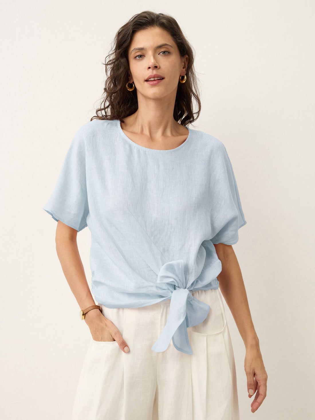 100% Linen Semi-Sheer Round Neck Blouse