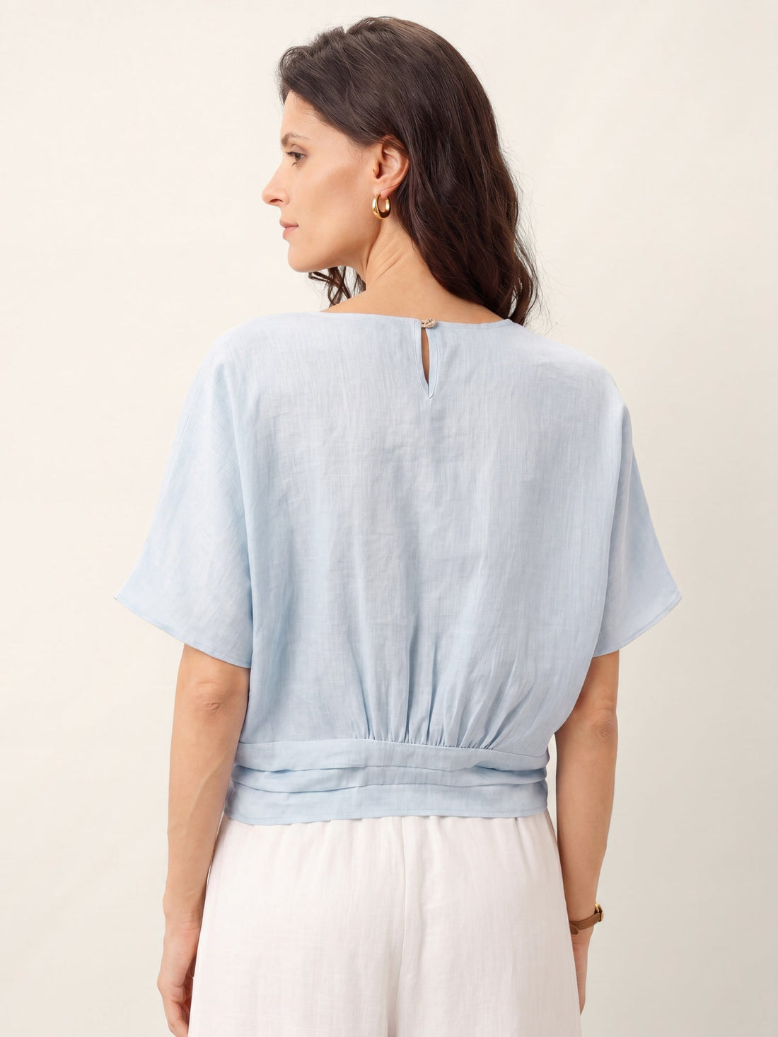 100% Linen Semi-Sheer Round Neck Blouse