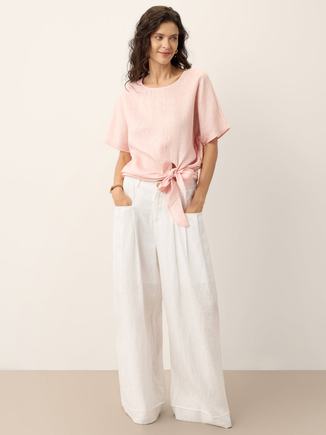 100% Linen Semi-Sheer Round Neck Blouse