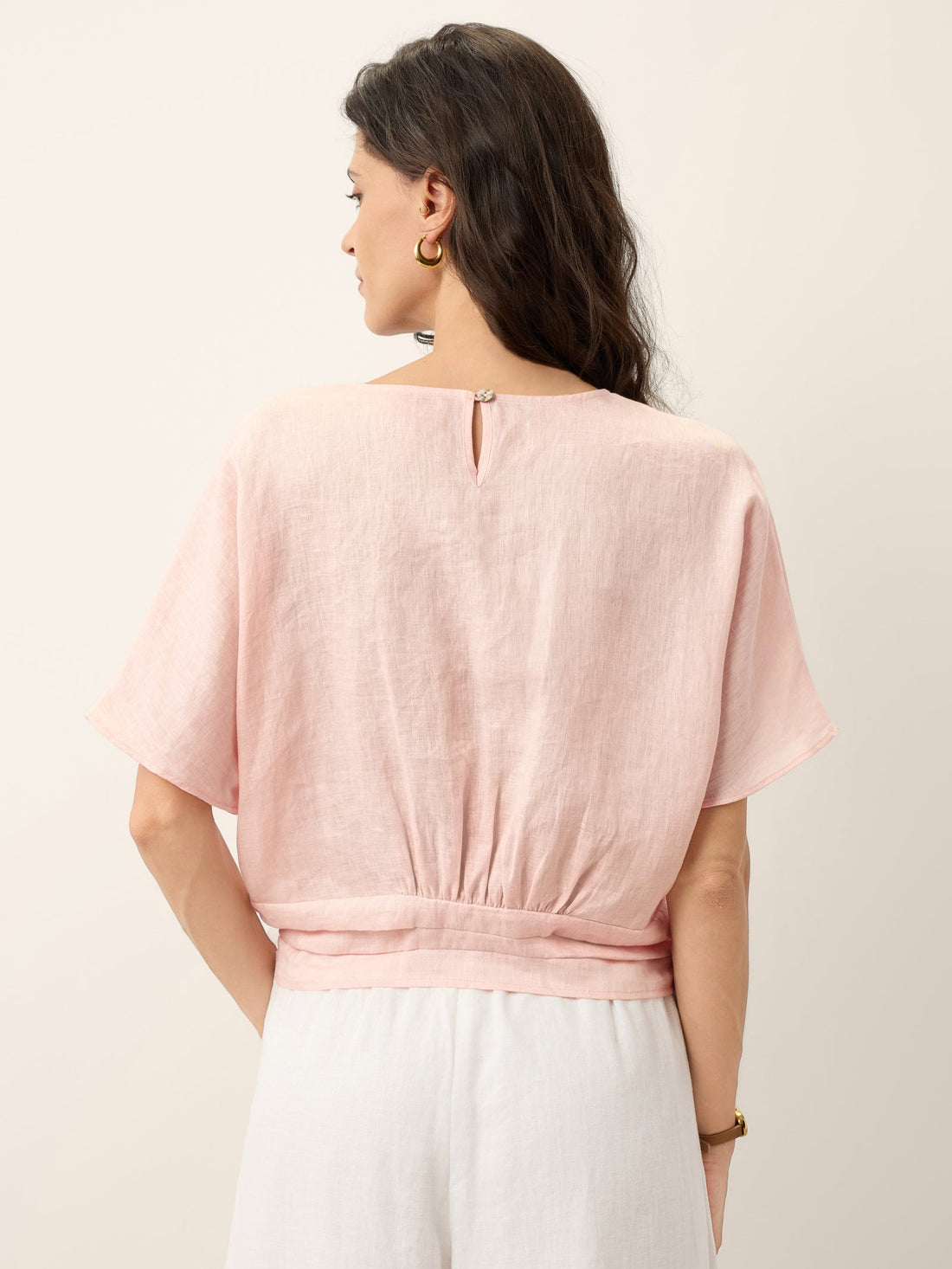 100% Linen Semi-Sheer Round Neck Blouse