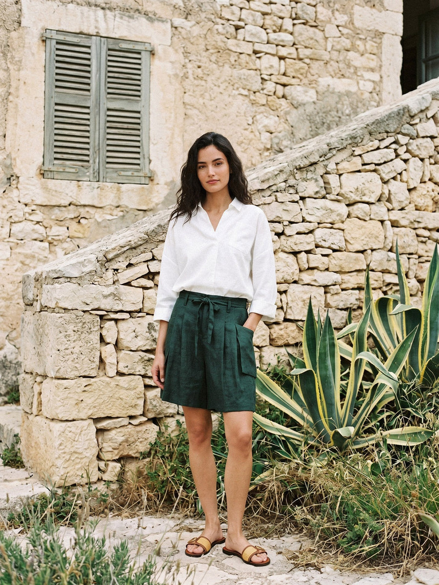 100% Linen Pleated Straight Leg Shorts