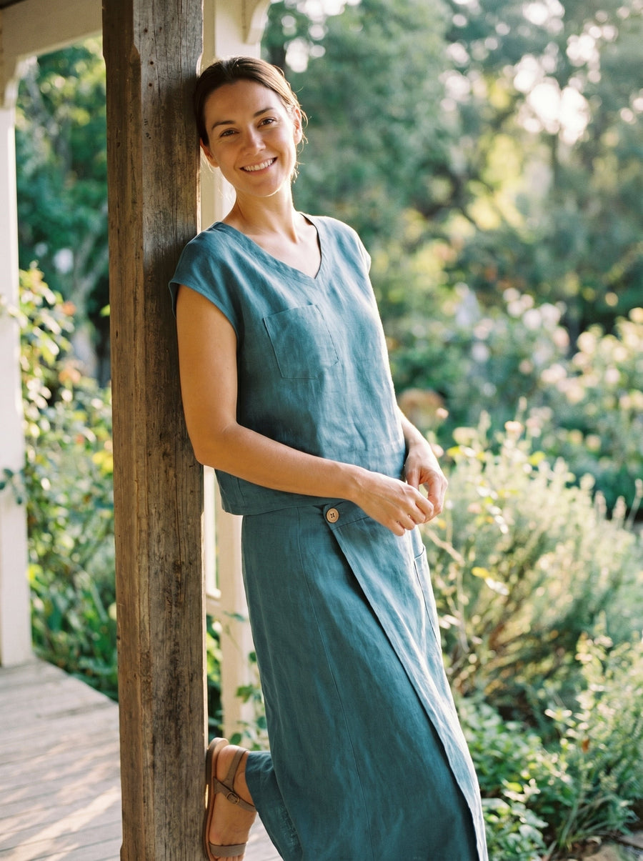 100% Linen V-Neck Cap Sleeve Shirt